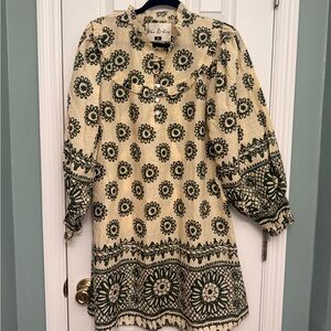 Fox & Hen Green Printed Button 1/4 Front Smocked Cuff Long Sleeve Dress Size S